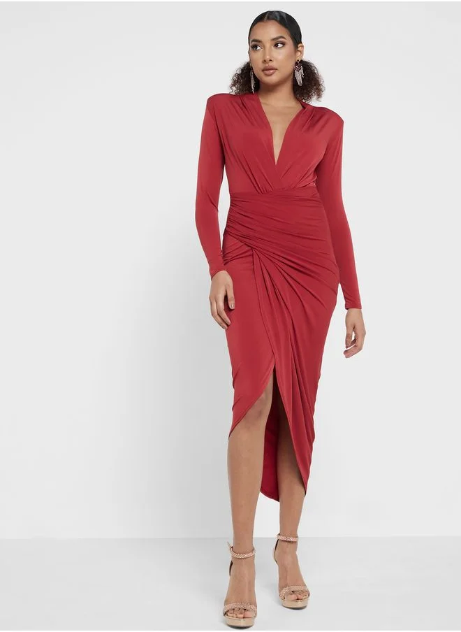 John Zack Plunge Neck Ruched Dress