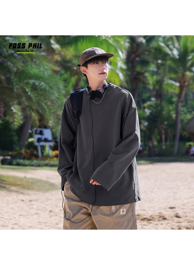 Foss Phil Casual T-shirt For Men, Spring And Autumn Season, Hong Kong Style, Solid Color, Pure Cotton, Loose Fit, Simple Design, Athletic Long Sleeve Undershirt, Fpct5, Dark Gray, Size S - Image 5