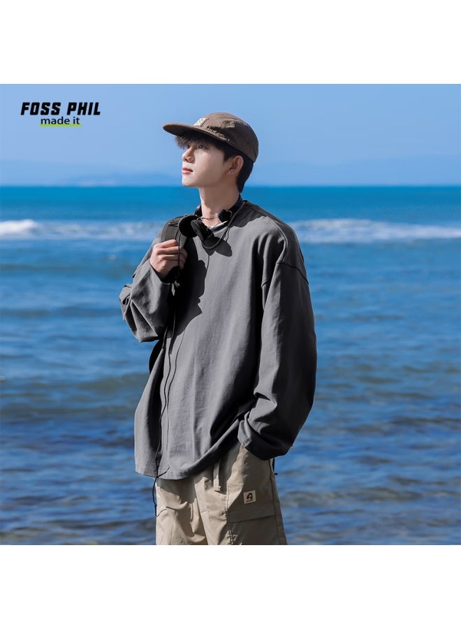 Foss Phil Casual T-shirt For Men, Spring And Autumn Season, Hong Kong Style, Solid Color, Pure Cotton, Loose Fit, Simple Design, Athletic Long Sleeve Undershirt, Fpct5, Dark Gray, Size S - Image 2