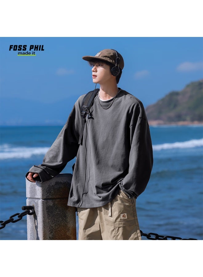 Foss Phil Casual T-shirt For Men, Spring And Autumn Season, Hong Kong Style, Solid Color, Pure Cotton, Loose Fit, Simple Design, Athletic Long Sleeve Undershirt, Fpct5, Dark Gray, Size S - Image 3