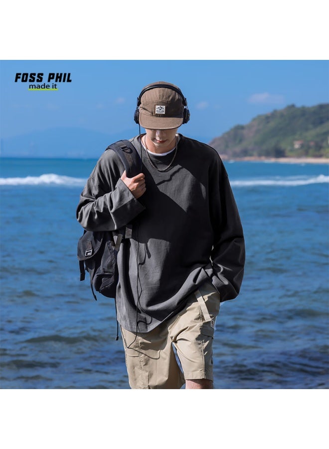 Foss Phil Casual T-shirt For Men, Spring And Autumn Season, Hong Kong Style, Solid Color, Pure Cotton, Loose Fit, Simple Design, Athletic Long Sleeve Undershirt, Fpct5, Dark Gray, Size S - Image 1