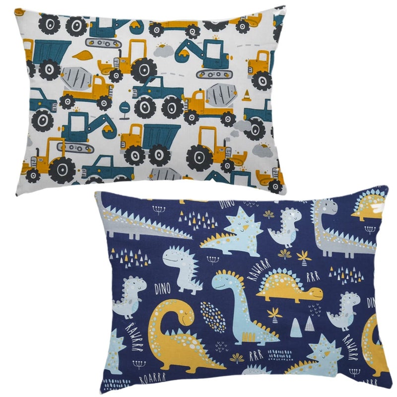 Aisawate Baby Toddler Pillowcase, 2 Pack 100% Soft Cotton Cot Bed Pillow Pair Cases for Boys Girls Bedding, Kids Pillow Covers 40 x 60cm, Travel Small Pillow Pillowcase with Envelope Closure (Dinosaur+Tractor)  - Image 1