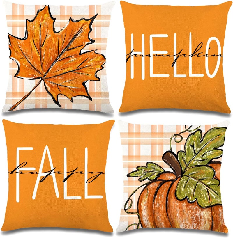 YUJUN 4 Pack Fall Pillow Covers Decoration,18x18in Buffalo Plaid Farmhouse Pumpkin Maple Leaves Thanksgiving Fall Throw Pillows Cushion Case Couch Decor for Autumn Home Outdoor Decorations - Image 1