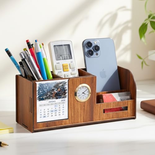 Deskart Stylish Pen Holder Stand with Clock, Two Years Calendar, Business Visiting Card & Mobile Holder | Multipurpose Desk Organizer for Office Desk and Gifting - Image 1