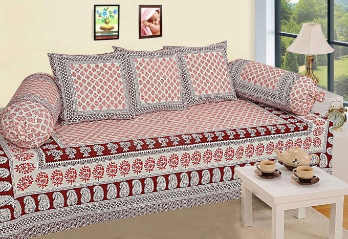 TRADITIONAL COTTON FLORAL JAIPURI PRINT DIWAN COVER SET MAROON_STANDARD SET OF 6 PCS