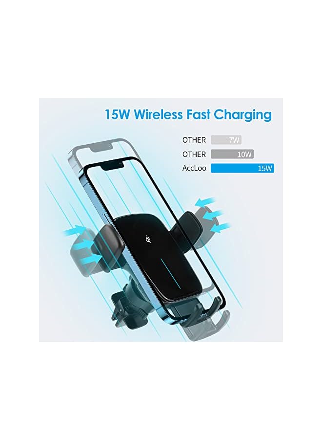 AccLoo Wireless Car Charger, 15W Qi Fast Charging Auto-Clamping Car Phone Holder, Car Air Vent Mount for iPhone14 Pro Max/14 Pro/14/13/12/11, Galaxy S22/S21+/S20 Ultra etc（Include QC3.0 Adapter） - Image 2