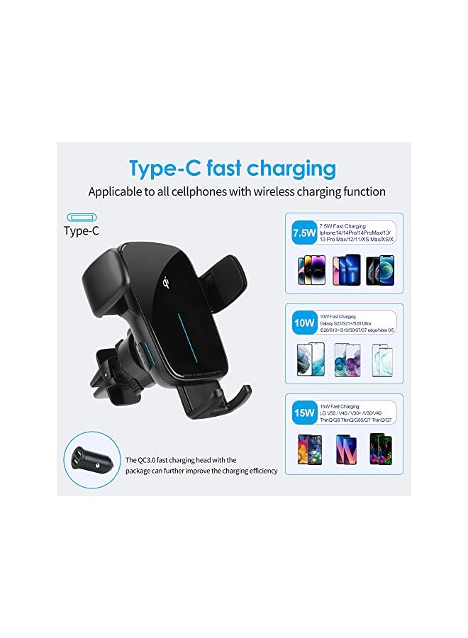 AccLoo Wireless Car Charger, 15W Qi Fast Charging Auto-Clamping Car Phone Holder, Car Air Vent Mount for iPhone14 Pro Max/14 Pro/14/13/12/11, Galaxy S22/S21+/S20 Ultra etc（Include QC3.0 Adapter） - Image 4