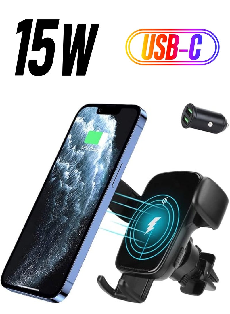 AccLoo Wireless Car Charger, 15W Qi Fast Charging Auto-Clamping Car Phone Holder, Car Air Vent Mount for iPhone14 Pro Max/14 Pro/14/13/12/11, Galaxy S22/S21+/S20 Ultra etc（Include QC3.0 Adapter） - Image 1