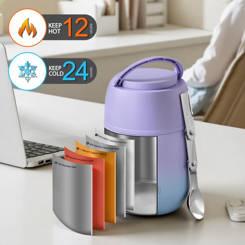 JOOPETALK 17 oz Insulated Lunch Containers Hot Food Jar, Wide Mouth Lunch Thermo for Hot Food Kids Adults, Vacuum Stainless Steel Thermo Lunch Box With Handle Folding Spoon for School, Office(Purple blue) - Image 3