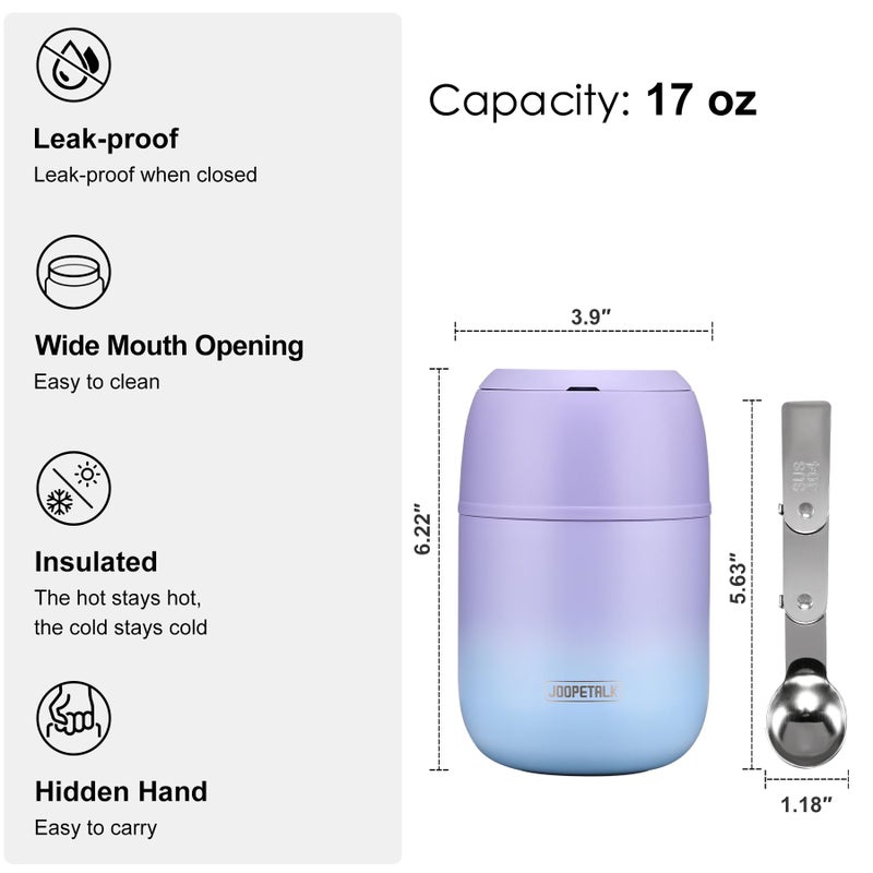 JOOPETALK 17 oz Insulated Lunch Containers Hot Food Jar, Wide Mouth Lunch Thermo for Hot Food Kids Adults, Vacuum Stainless Steel Thermo Lunch Box With Handle Folding Spoon for School, Office(Purple blue) - Image 4