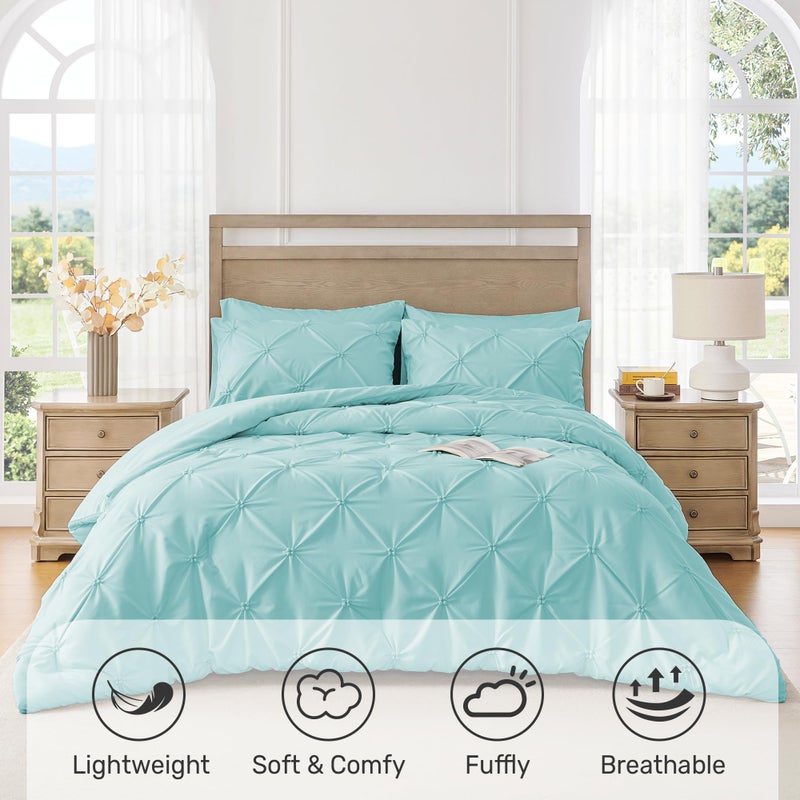 UNIKOME King Size Comforter Set Aqua Blue - Ultra Soft Boho Pintuck Down Alternative Bedding Set for All Seasons, 3 Pieces Lightweight Warm Pinch Pleat Bed Set with Comforter, 2 Pillowcases - Image 2