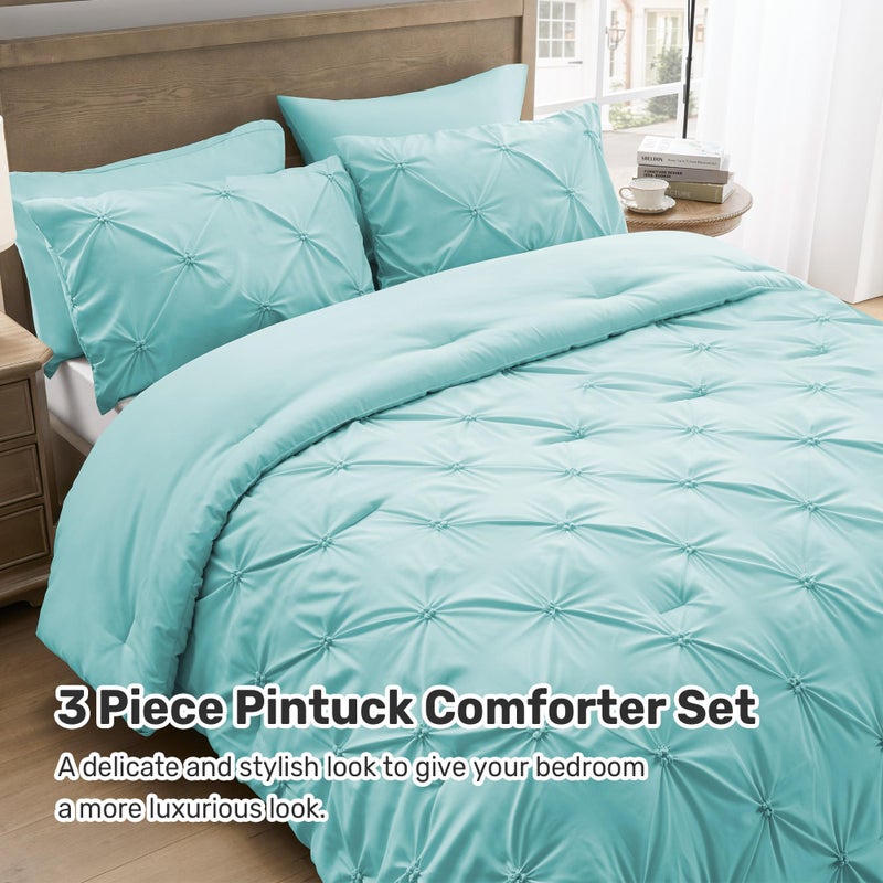 UNIKOME King Size Comforter Set Aqua Blue - Ultra Soft Boho Pintuck Down Alternative Bedding Set for All Seasons, 3 Pieces Lightweight Warm Pinch Pleat Bed Set with Comforter, 2 Pillowcases - Image 5