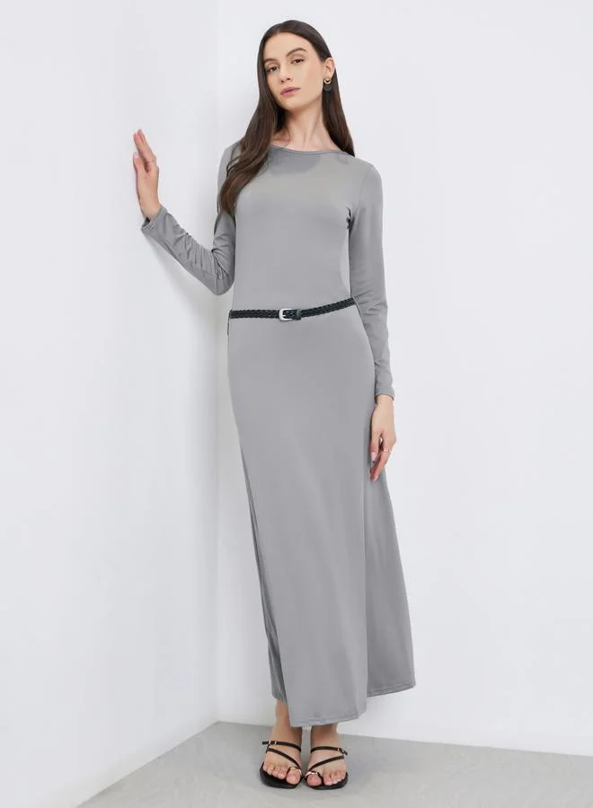 Take Two Take Two Grey Solid Midi Dress with Belt