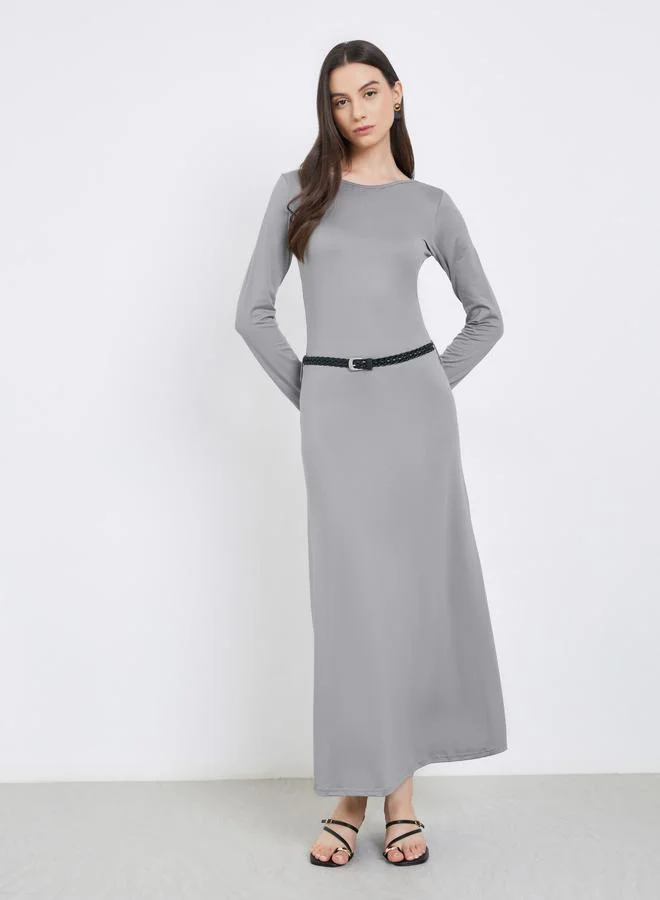 Take Two Take Two Grey Solid Midi Dress with Belt