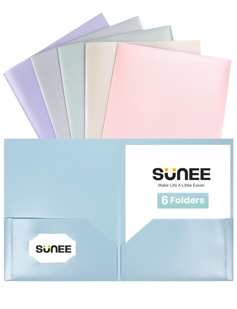 SUNEE 2 Pocket Folders (6/Pack, Pastel Colors) Heavy-Duty Plastic Folders with Pockets, Fit 8.5x11 Letter Size Paper, 2-Pocket File Folders for Kids, Home, School, Office - Image 1