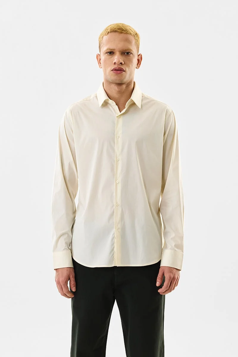 سنيتش Cream Solid Long Sleeve Slim Fit Luxe Shirt