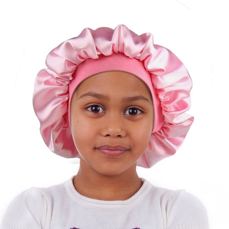 Alnorm Sleep Cap for Kids Satin Hair Scarf Girls Night Head Wrap Floral Silk Nightcap Light Pink - Image 1