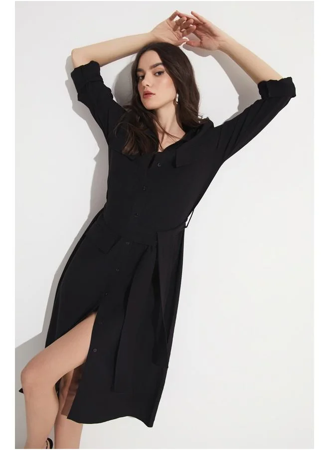 جون June Pocket Detailed Long Dress Black