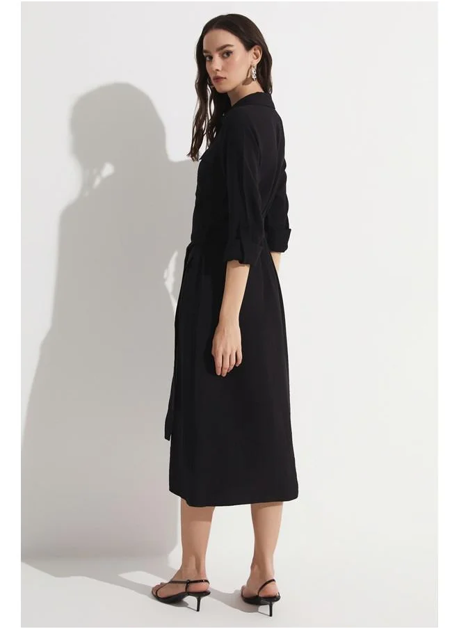 جون June Pocket Detailed Long Dress Black