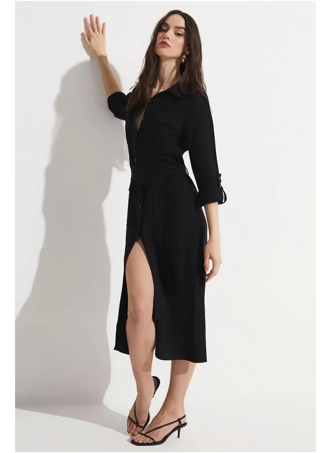 جون June Pocket Detailed Long Dress Black