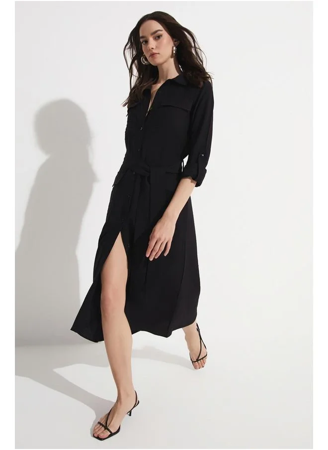 جون June Pocket Detailed Long Dress Black