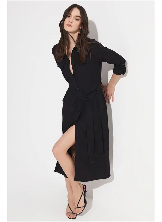 جون June Pocket Detailed Long Dress Black