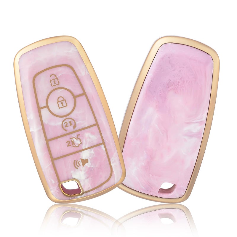 OFFCURVE Key Fob Cover for Ford Fusion Explorer Escape F150 F250 F350 F450 F550 Edge Maverick Expedition Lincoln Aviator 5 Buttons Smart Key Holder, Pink/Pattern Random - Image 1