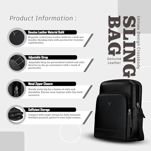 REDHORNS Genuine Leather Sling Bag for Men & Women, Small Crossbody Shoulder Bag with Zipper Pocket, Stylish Travel & Office Messenger Bag, 15.5X18.5X7 CM (Black) - Image 2