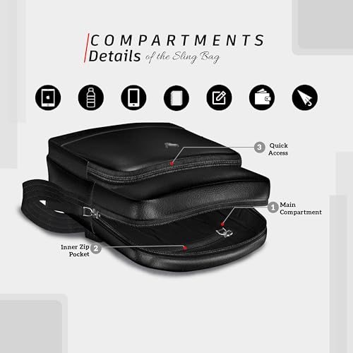 REDHORNS Genuine Leather Sling Bag for Men & Women, Small Crossbody Shoulder Bag with Zipper Pocket, Stylish Travel & Office Messenger Bag, 15.5X18.5X7 CM (Black) - Image 4