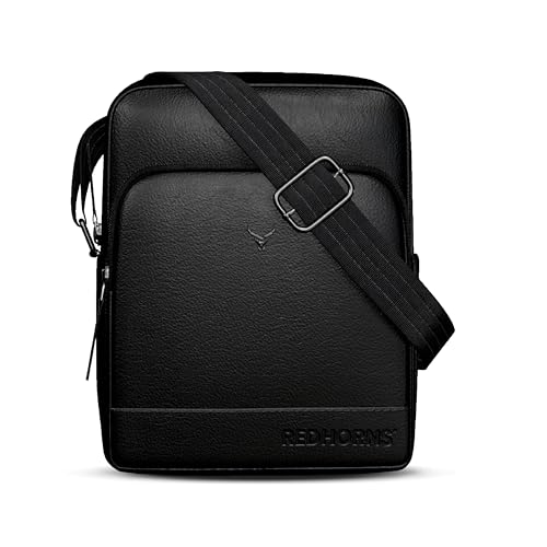 REDHORNS Genuine Leather Sling Bag for Men & Women, Small Crossbody Shoulder Bag with Zipper Pocket, Stylish Travel & Office Messenger Bag, 15.5X18.5X7 CM (Black) - Image 1