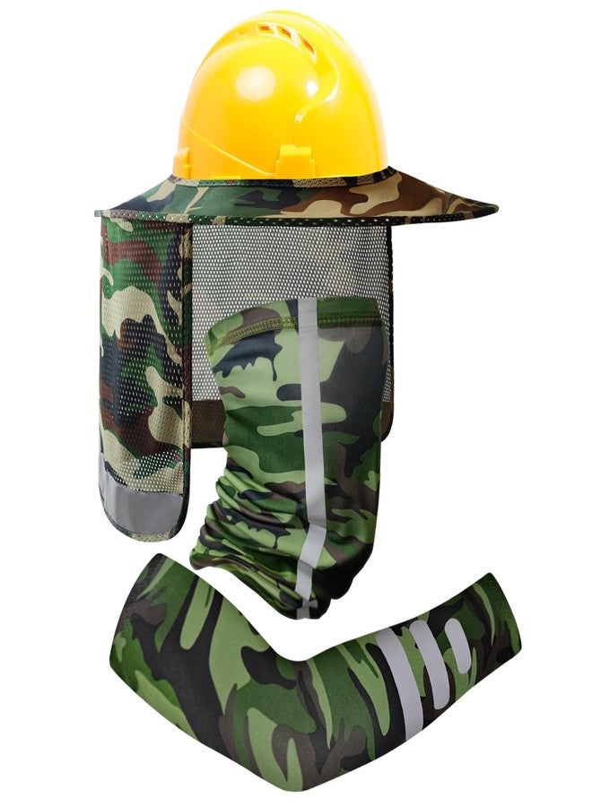 TCCFCCT Hard Hat Sun Shade, Full Brim High Visibility Hard Hat Sun Visor Neck shield and Bandana Face Scarf with Construction Arm Sleeves, Hard Hat Accessories, Hard Hat Not Included, 3 Packs, Camo - Image 1
