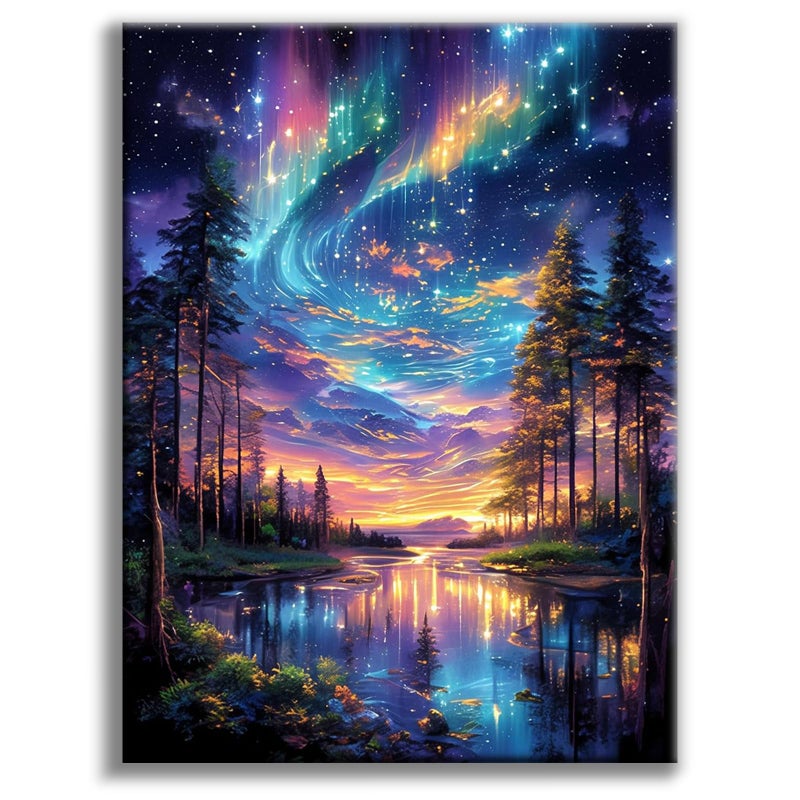 Offito Starry Sky Diamond Art Kits for Adults, 5D Aurora Lake Diamond Painting Kits for Beginners, Fantastic Landscapes DIY Full Drill Dots Gem Art Paint for Home Wall Decor 12 x 16 Inch - Image 1