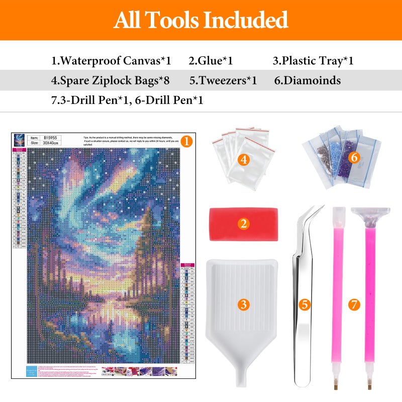 Offito Starry Sky Diamond Art Kits for Adults, 5D Aurora Lake Diamond Painting Kits for Beginners, Fantastic Landscapes DIY Full Drill Dots Gem Art Paint for Home Wall Decor 12 x 16 Inch - Image 5