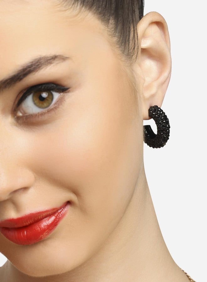 Ami Black Dazzling Austrian Diamonds Contemporary Semi Hoop Studs Earring For Women-ZPFK21007 - Image 3