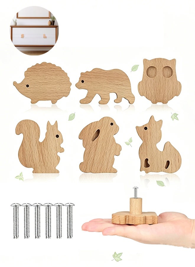 6 Items Wooden Animal Cabinet Knobs, with Screws, Decorative Drawer Pulls & Kids Nursery Furniture Handles - Image 1