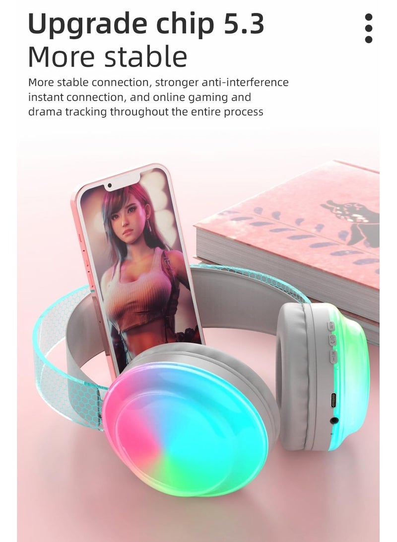 SYOSI Wireless Gaming Headset with RGB Light, Soft Cushions, Bluetooth 5.3, Luminous Headband, Noise Reduction, and HD Microphone for PC, PS4, PS5, Xbox, and More (White) - Image 4