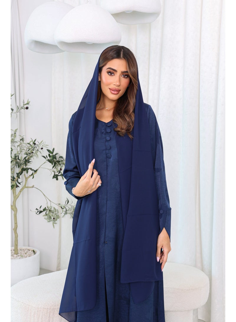 عباية كحلية مفتوحة من الأمام بنسيج أنيق وأزرار | أزياء محتشمة فاخرة – جودة عالية - Image 4