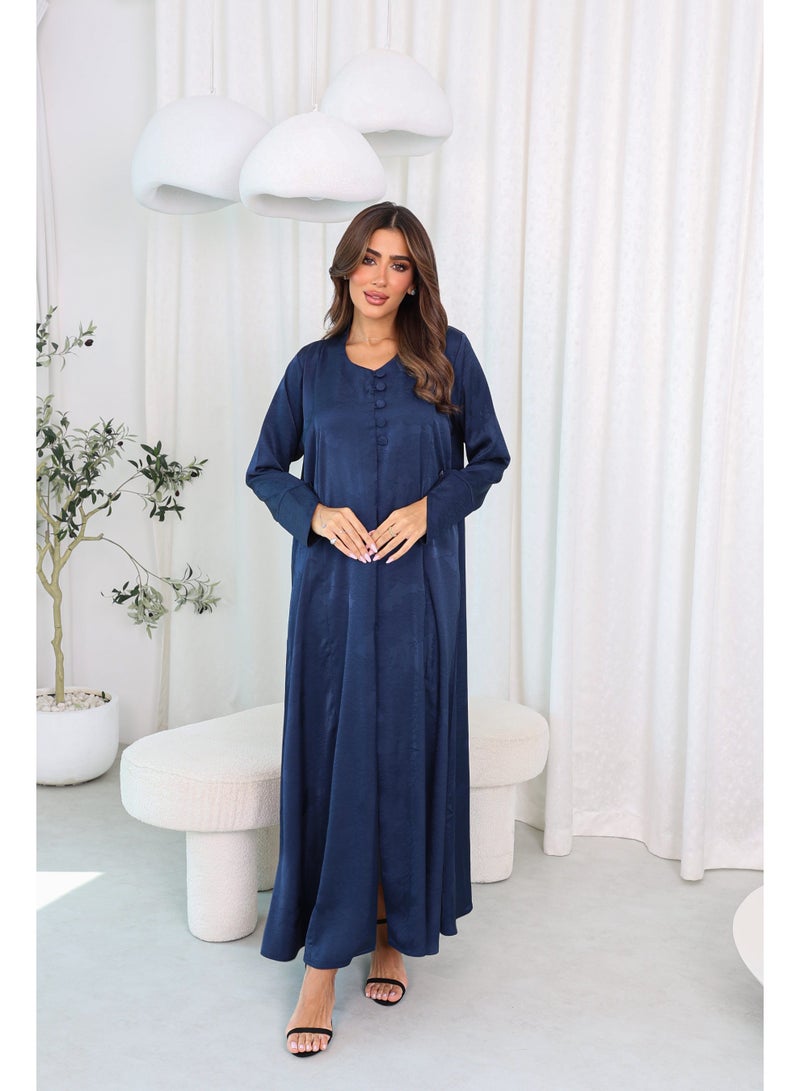 عباية كحلية مفتوحة من الأمام بنسيج أنيق وأزرار | أزياء محتشمة فاخرة – جودة عالية - Image 2