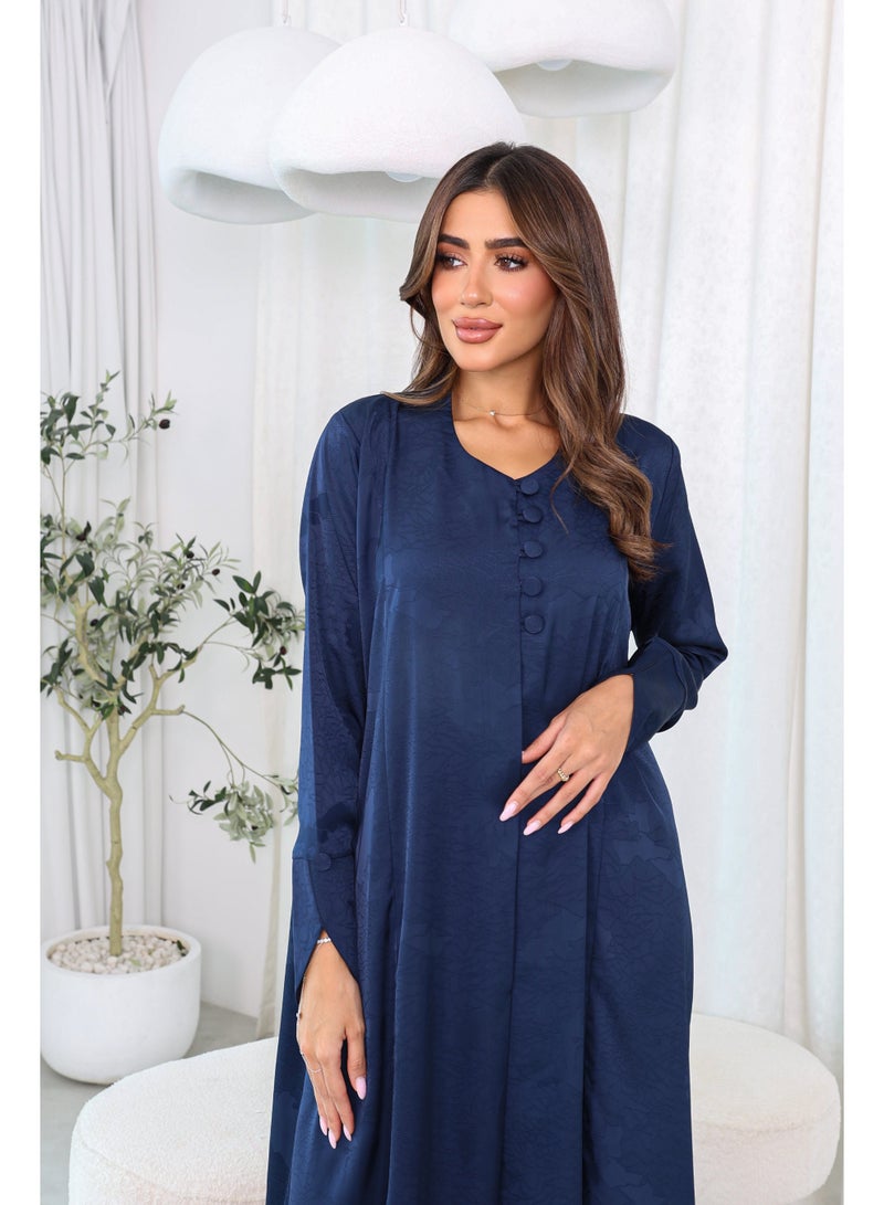 عباية كحلية مفتوحة من الأمام بنسيج أنيق وأزرار | أزياء محتشمة فاخرة – جودة عالية - Image 1