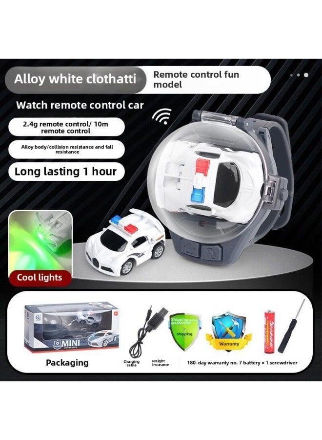 Mini Children's Watch Remote Control Car 2.4G Infrared Alloy Remote Control Car Toy English Outfit-Color:[2.4g Alloy] White Police Car Cloth Plus  - Image 1
