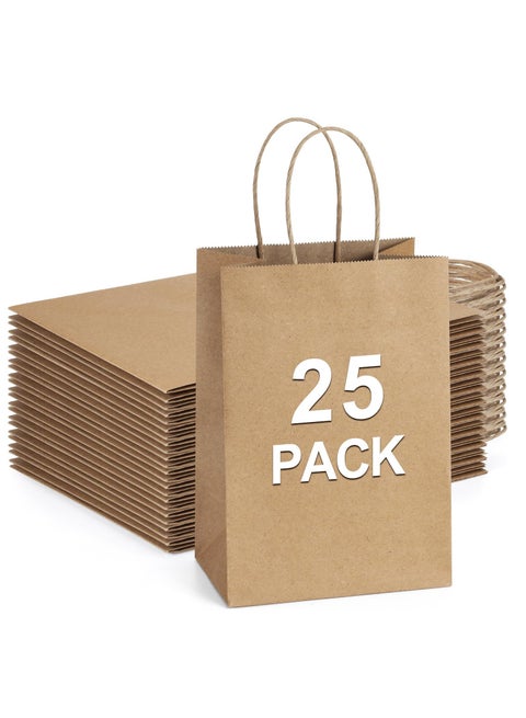 Kraft Paper Gift Bags 25Pcs - 5.25x3x8 Inches Small With Handles for Party Favors, Shopping - Brown Paper Sacks