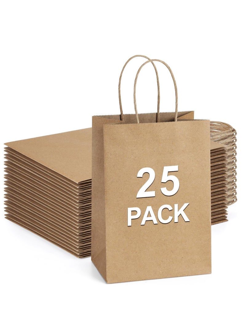 Chabeia Kraft Paper Gift Bags 25Pcs - 5.25x3x8 Inches Small With Handles for Party Favors, Shopping - Brown Paper Sacks  - Image 1