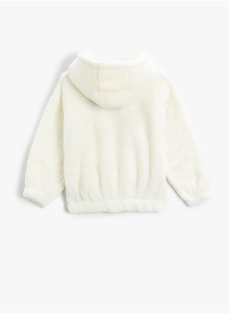 KOTON Teddy Hoodie Kangaroo Pocket Applique Detail