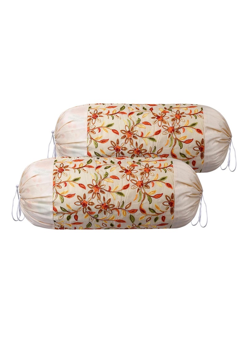 Kuber Industries Kuber Industries Bolster Covers Polyester Bolster Cover Set Diwan Bolster Cover Set Embroidery Design Masand Cover 16x32 Inch Pack of 2 Cream  - Image 1