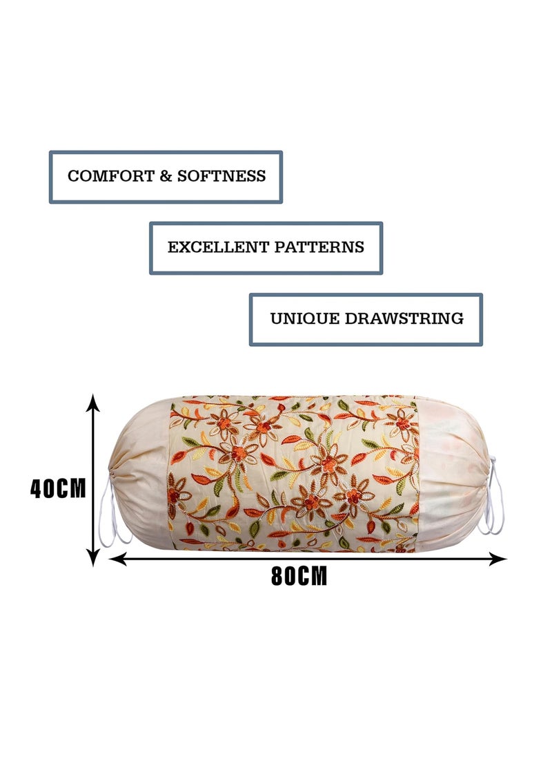 Kuber Industries Kuber Industries Bolster Covers Polyester Bolster Cover Set Diwan Bolster Cover Set Embroidery Design Masand Cover 16x32 Inch Pack of 2 Cream  - Image 3
