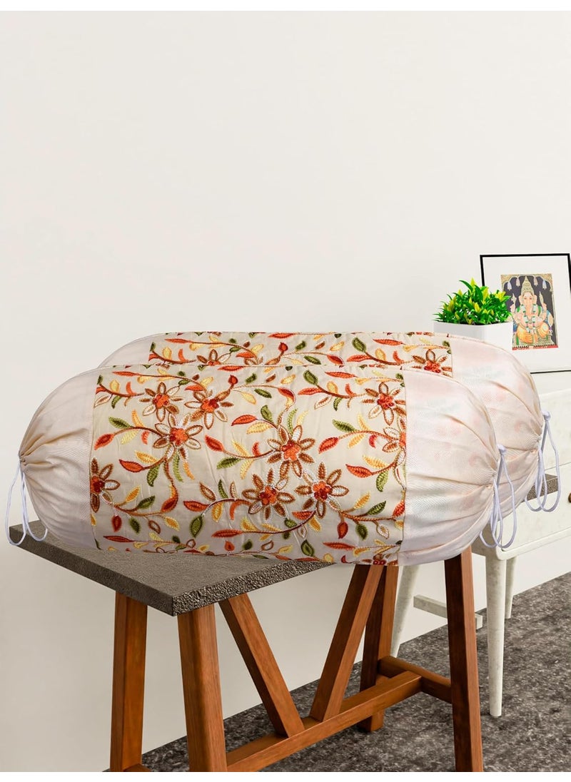 Kuber Industries Kuber Industries Bolster Covers Polyester Bolster Cover Set Diwan Bolster Cover Set Embroidery Design Masand Cover 16x32 Inch Pack of 2 Cream  - Image 2