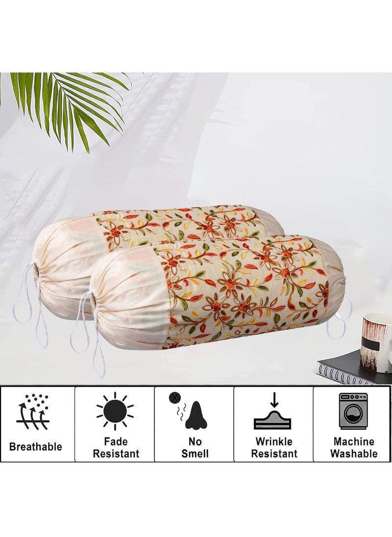 Kuber Industries Kuber Industries Bolster Covers Polyester Bolster Cover Set Diwan Bolster Cover Set Embroidery Design Masand Cover 16x32 Inch Pack of 2 Cream  - Image 5