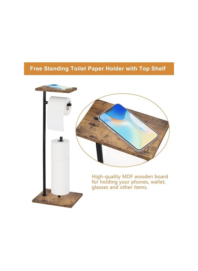 S-TOP Toilet Paper Holder Stand with Shelf, Toilet Paper Roll Holder with Reserve Free Standing TP Holder Rustic Toilet Paper Stand with Shelf for Reserve Wipe Mega Rolls, Phone (Brown01) - Image 3