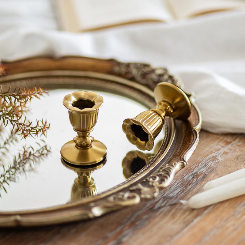Romadedi Vintage Candlestick Candle Holders Brass - Romadedi Taper Gold Candle Stick Victorian Style for Table Centerpiece Wedding Festive Christmas Mantel Decoration or Home Decor Set of 2 - Image 2