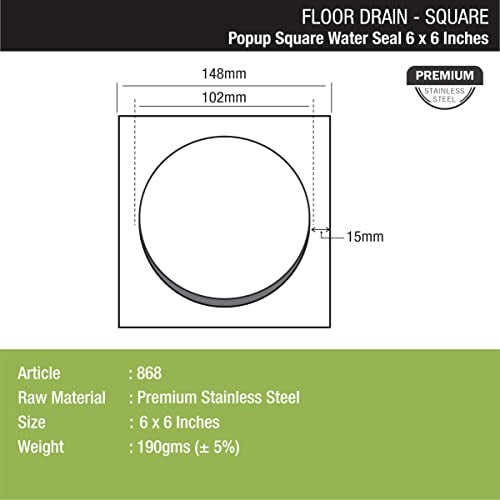 LIPKA Pop-Up Square Flat Cut Floor Drain |Premium Stainless Steel |6 x 6 Inches| Silver - Image 2